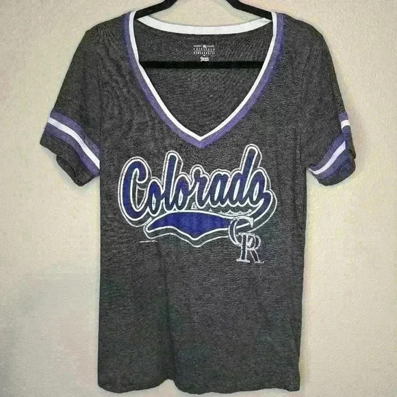 Genuine Merchandise Tops - Colorado Rockies Baseball V-Neck Women's Shirt Heather Grey Size Large
